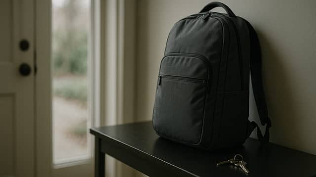 Laptop backpack and house keys on a hallway console