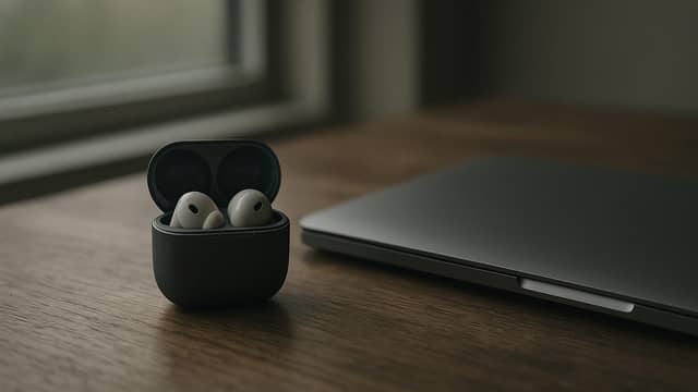 Wireless earbuds in an open case beside a laptop
